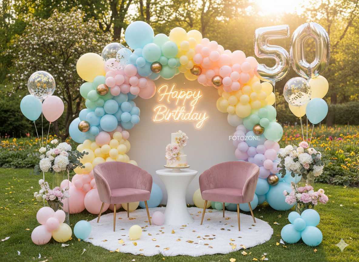 Bursdagsfotosone med ballonger og dekorasjon